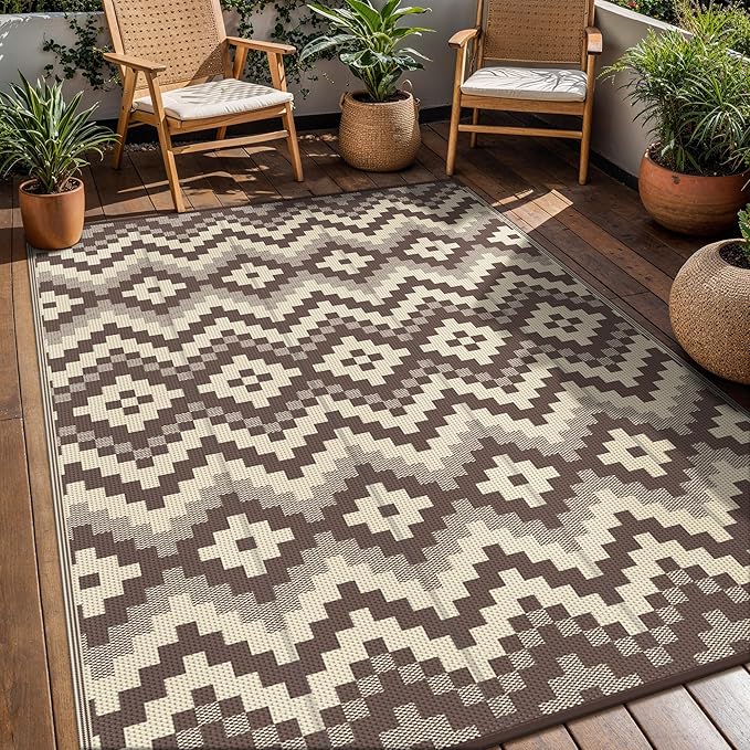 GENIMO Outdoor Rug for Patio, 5' x 8' Lightweight Waterproof Plastic Straw Rugs, Reversible Camping Carpet, Large Area Rugs Mat for RV, Deck, Balcony, Porch, Backyard, Coffee & Beige