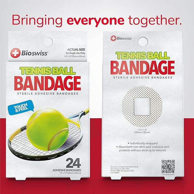 BioSwiss Bandages, Tennis Ball Shaped Self Adhesive Bandage, Latex Free Sterile Wound Care, Fun First Aid Kit Supplies for Kids, 24 Count