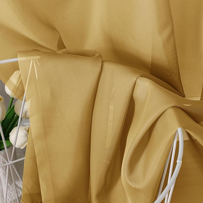 Aiyufeng Gold Sheer Curtain 90 Inches Long 2 Panels Set, Light Filtering Gold Window Curtain Drapes Treatment for Kitchen, Bedroom,Children Room, Dual Rod Pocket, 2 Pack of 42 x 90"