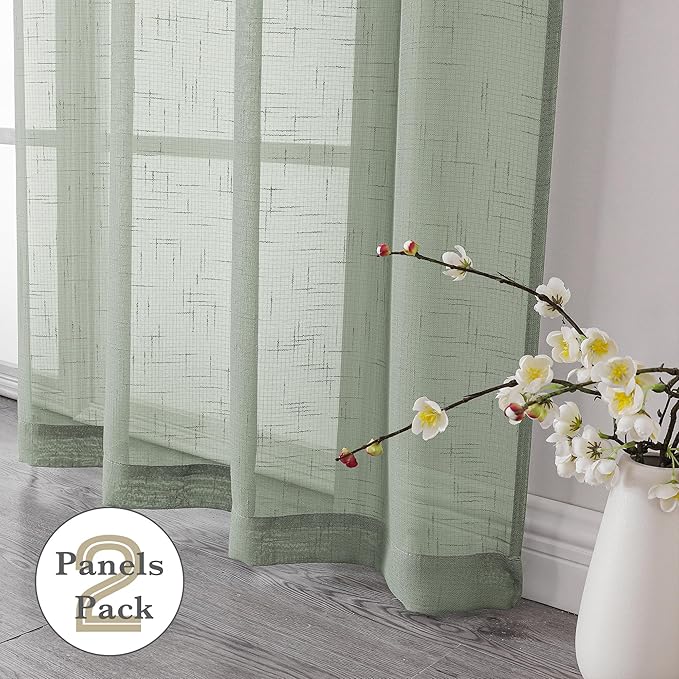 Aiyufeng Sage Green Sheer Curtains 72 inches Long 2 Panels, Fresh Textured Semi Sheer Green Curtains Linen Breathable Elegant Door Curtains & Drapes for Farmhouse/Living Room/Kitchen, 40Wx72L inch