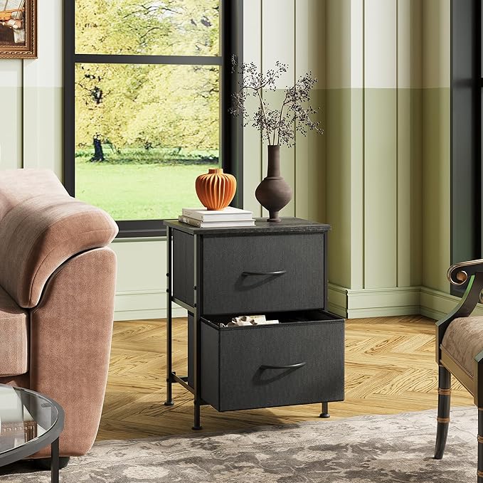 WLIVE Black Nightstand, Small Dresser for Bedroom with 2 Fabric Drawer, Bed Side Table with Drawers, End Table Bedside Furniture, Sturdy Steel Frame, Wood Top, Closet Organizer, College Dorm
