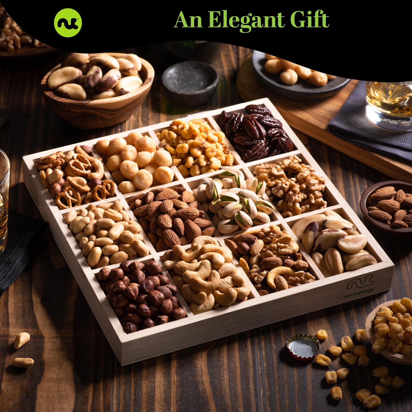 NUT CRAVINGS Gourmet Collection - Happy Birthday Treats, Nuts Gift Basket with Bday Ribbon in Reusable Wooden Tray (12 Assortments) Food Arrangement, Healthy Snack Care Package, Food Assortments