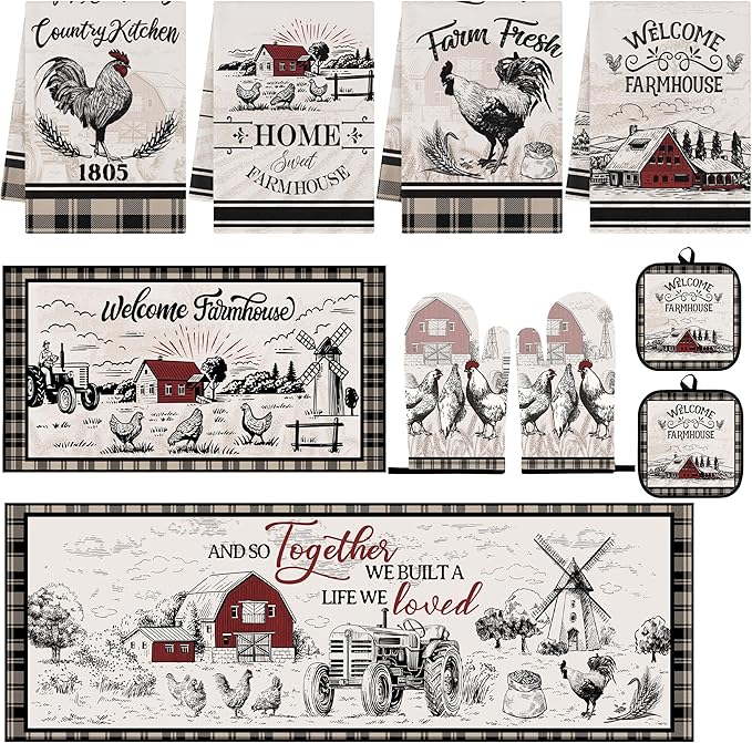Rooster Kitchen Decor Set 10 Piece - Farmhouse Chicken Red Barn Kitchen Mats, Towels, Oven Mitts and Pot Holders - Primitive Country French Style Home Decoration