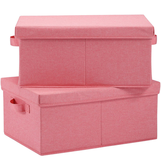 HOONEX Linen Foldable Storage Bins with Lids, 2 Pack, Storage Boxes with Carrying Handles and Sturdy Heavy Cardboard, 16.5" L x 11.8" W x 7.5" H for Shoes, Books, Clothes, Nursery, Pink