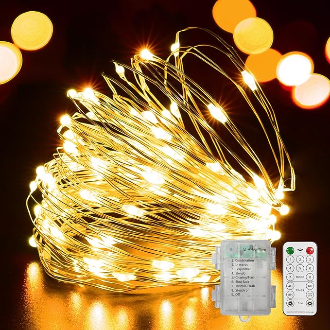 LAMPHOME 100 LED 33FT Fairy Lights Battery Operated with Remote, Twinkle Fairy Lights Multi-Functions &Timer Starry String Lights for Indoor Outdoor Christmas Wedding Home Decor, Warm White