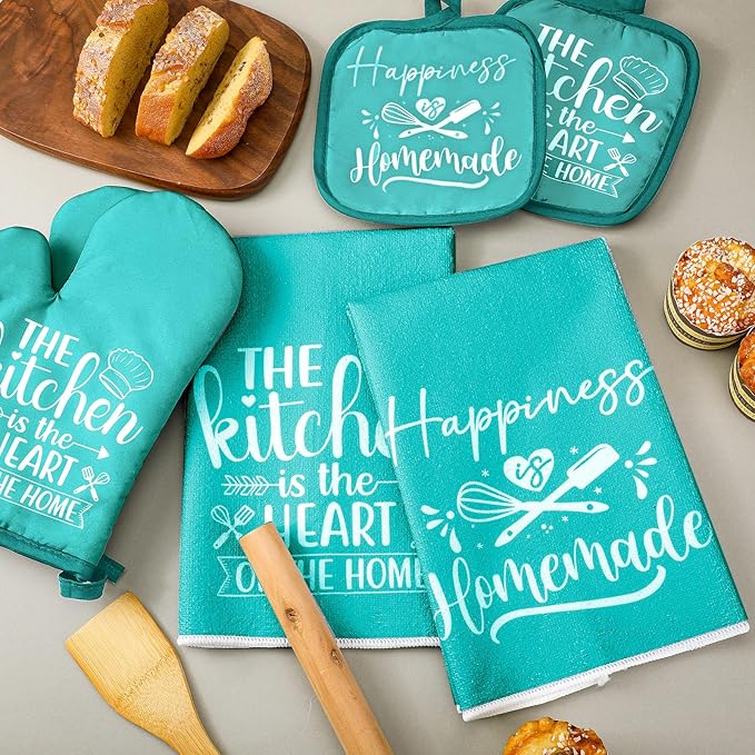 Sratte 6 Pcs Kitchen Decor Accessories Set Farmhouse Towels Pot Holders Oven Mitts Set 2 Dish Towels 2 Potholders 2 Cooking Mittens Oven Glove for Christmas Baking Cooking Supply(Light Teal,Kitchen)
