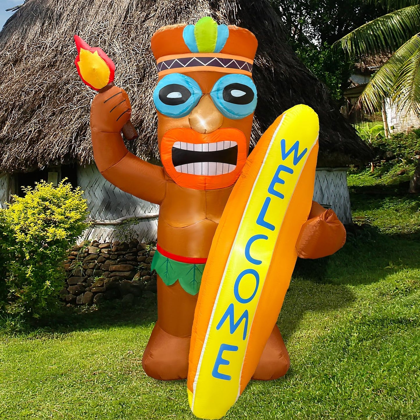 6FT Tiki Inflatable Party Decoration Flamingo Surfboard Luau Hawaiian LED Lighted Inflatables Outdoor Tiki Blow Up Summer Decor for Aloha Beach Tropical Pool Yard Party Supplies Favors