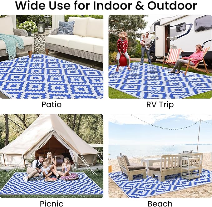 Smiry Waterproof Outdoor Rug 9x12 ft, Reversible Plastic Straw Patio Camping Rugs, Outdoor Indoor RV Mat Carpet for Patio, Outside Entry, Backyard, Deck, Bench, Picnic, Camper, White & Blue
