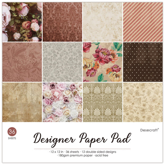 Desecraft Vintage Flora 12x12 in Double Sided Paper Pad Pack Scrapbook Cardstock Decorative Paper - 36 Sheets - for Card Making Journaling Planner Origami Decopage Decorative Scrapbooking Supplies