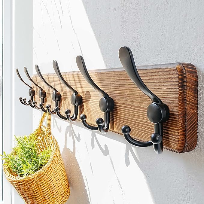 Dseap Coat Rack Wall Mounted - 24" Long 6 Tri Hooks, Heavy Duty Wooden Wall Coat Hanger Coat Hook for Clothes Hat Jacket Clothing, Natural and Black, Pack of 2