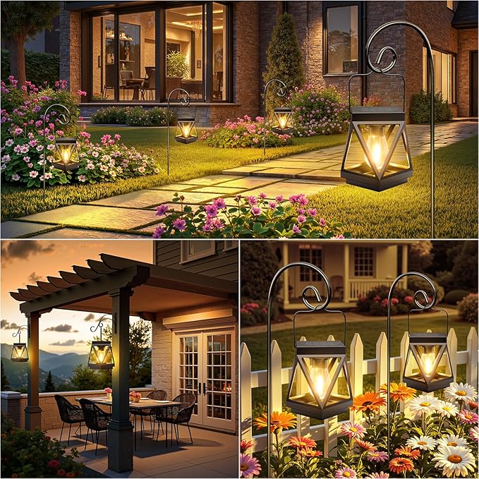 KOOPER 2 Pack Solar Lanterns Outdoor Waterproof, Upgraded Black Metal Hanging Solar Lights Outdoor Lanterns Decorative for Yard Patio Table Pathway Garden Decor