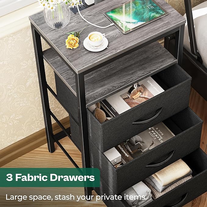 Huuger Nightstand with Charging Station, 27.6 Inch End Table Bedside Table with USB Ports and Outlets, Fabric Drawers, Night Stand for Bedroom, Charcoal Gray