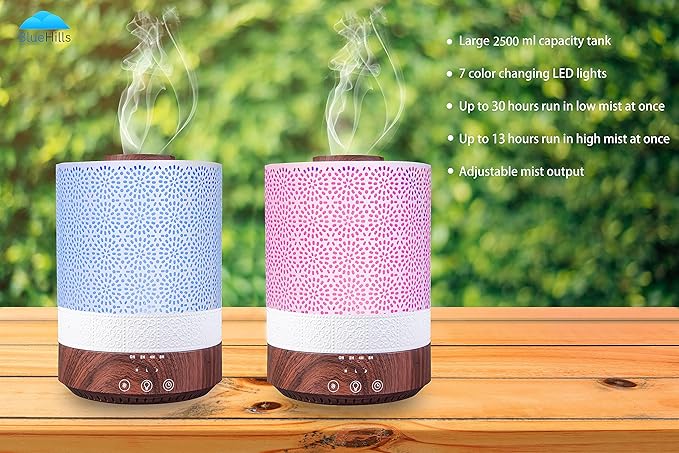 BlueHills Premium Set of Two Large 2000 ML and 2500 ML XL Essential Oil Diffusers Humidifier Combo for Large Room Home with Décor LED Lights Great Gift – Value Pack of Dark Wood Grain.