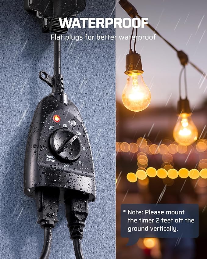 DEWENWILS Outdoor Timer Outlet Waterproof, Heavy Duty Outdoor Light Timer with Dusk to Dawn Sensor, 2 Grounded Outlets, 15A 125V 60Hz, for String Lights, 2 Pack, ETL Listed