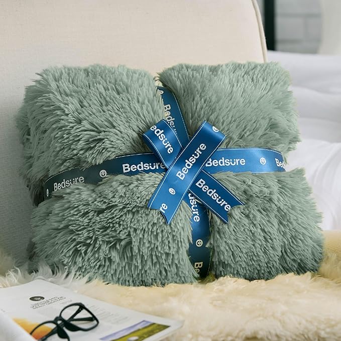Bedsure GentleSoft Fuzzy Sherpa Faux Fur Twin Blanket Sage Green Cozy Gifts for Women Men, Soft Fleece Plush Warm Minky Thick Blanket Twin Size for Bed, Dorm Essentials Sage Room Decor Gifts, 60x80