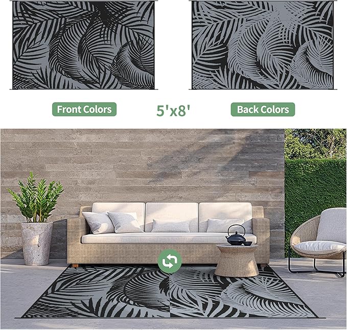 GENIMO Outdoor Rug 5' x 8' Waterproof for Patio Clearance, Reversible Plastic Straw Camping Carpet, Lightweight Mats for Rv, Backyard, Deck, Porch, Picnic, Beach, Balcony, Mix-Black & Gray