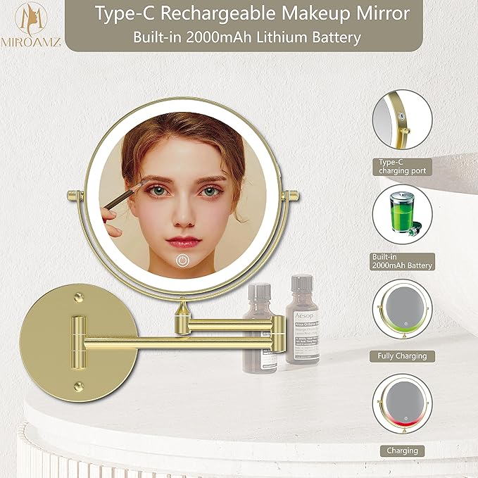 Rechargeable Wall Mounted Lighted Makeup Vanity Mirror 8 Inch Double Sided 1X 10X Magnifying Bathroom Mirror, 3 Color Lighting, Touch Screen Dimming, 360 Rotation Shaving Mirror Gold