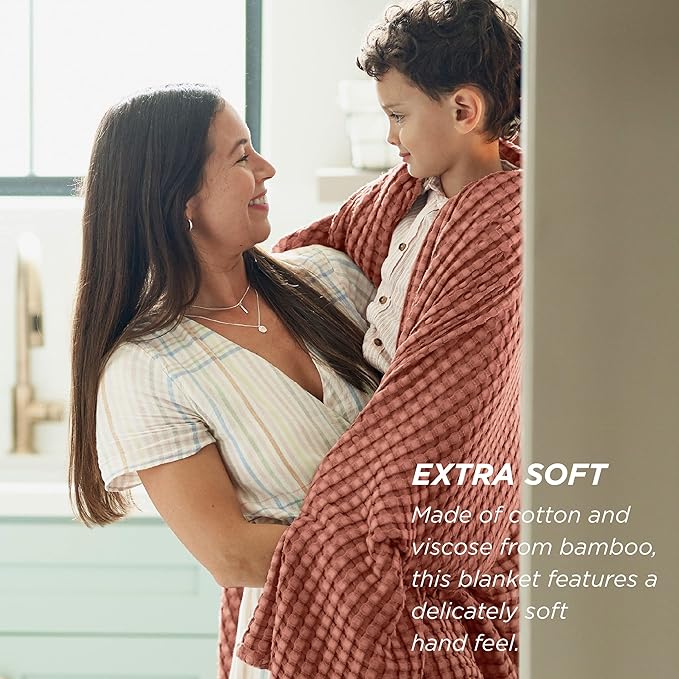 Bedsure Cooling Cotton Waffle Queen Size Blanket - Lightweight Breathable Blanket of Rayon Derived from Bamboo for Hot Sleepers, Luxury Throws for Bed, Couch and Sofa, Red Orange, 90x90 Inches