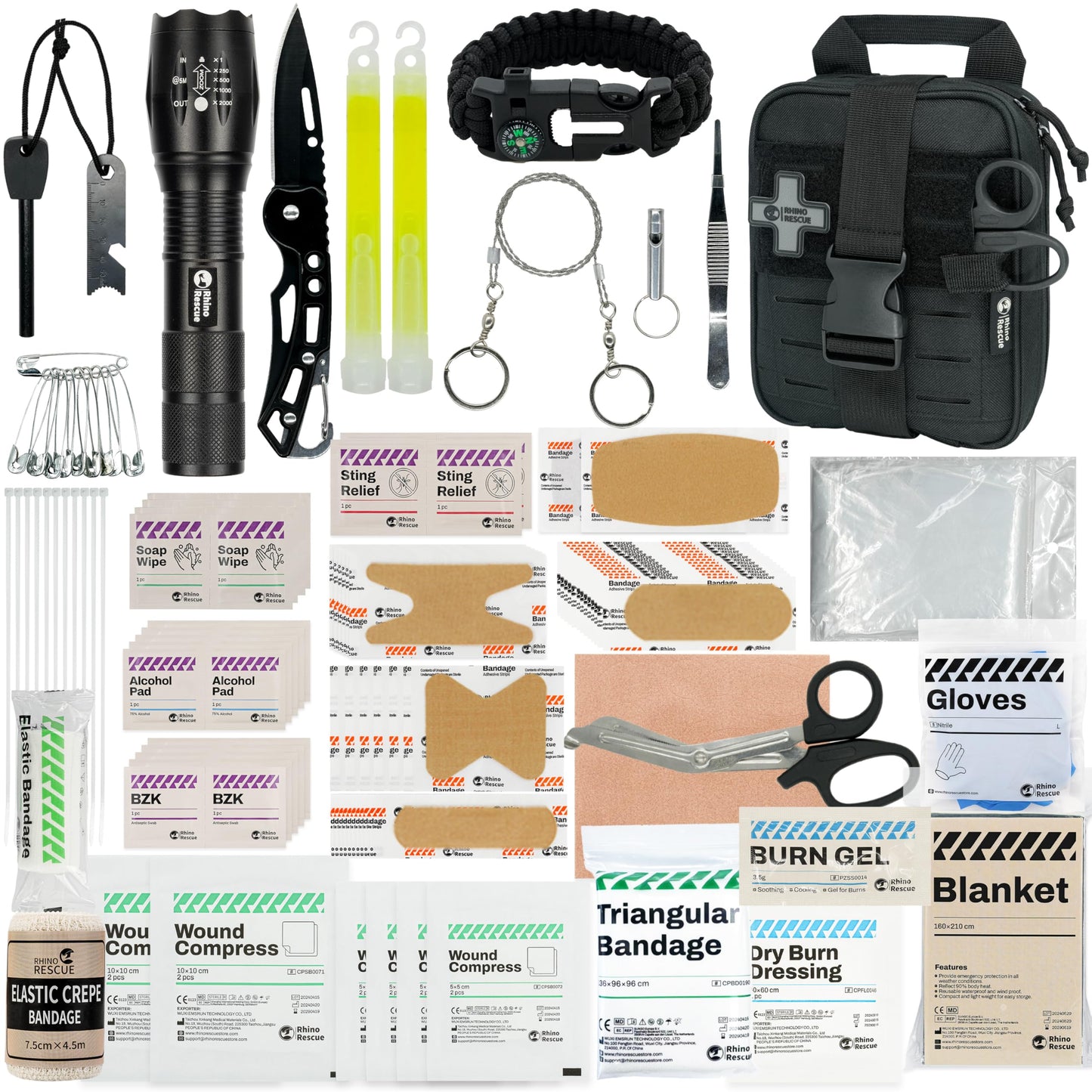 RHINO RESCUE Survival First Aid Kit, Emergency Kit Molle Pouch IFAK Medical Kit for Vehicles Car Camping Backpacking Hiking Hunting Black
