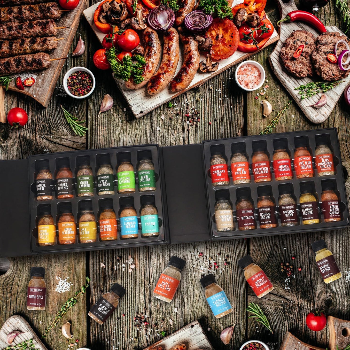 Grilling Spices & Seasoning Set - 24 Unique Gourmet BBQ Spice Rub Sampler (Kosher) - Gift Set for Birthday, Anniversary, Men, Dads, Husbands - By Chef Enthusiasts