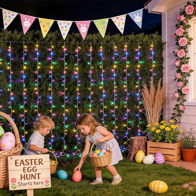 JMEXSUSS 300LED Easter Decorations Curtain Lights with Remote, 9.8x9.8ft Easter Sting Lights Plug in for Bedroom Wall Window Party Backdrop Porch Patio Garden Yard Indoor Outdoor Decor