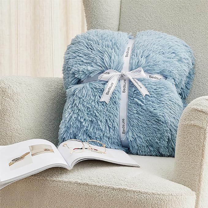 Bedsure GentleSoft Fuzzy Sherpa Faux Fur Blue Twin Blanket Cozy Gifts for Women Men, Soft Fleece Plush Warm Minky Thick Blanket Twin Size for Bed, Couch, Room Decor Dorm Essentials Blue Gifts, 60x80