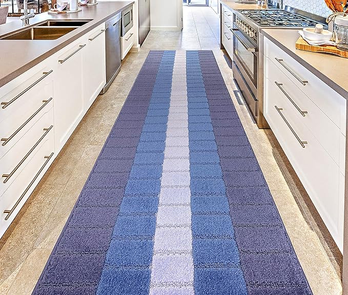 Custom Size Coastal Nautical Style Runner Rug Carpet for Hallway Entryway, Slip Resistant Latex Rubber Backed, 31 inch Wide X Customized Length, Squares Blue, 31 inch X 25 feet