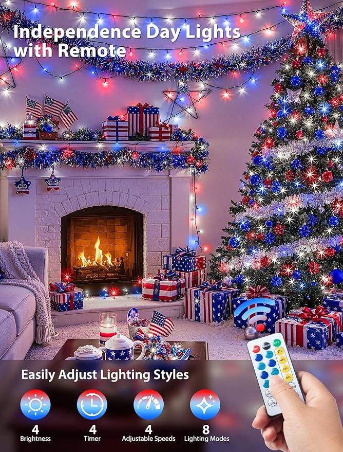 Hopolon Red White and Blue String Lights, 33 FT 100 LED Connectable 4th of July Patriotic Twinkle Lights with Remote,8 Modes Plug in Independence Day Light for Home Party Holiday Tree Xmas Decoration