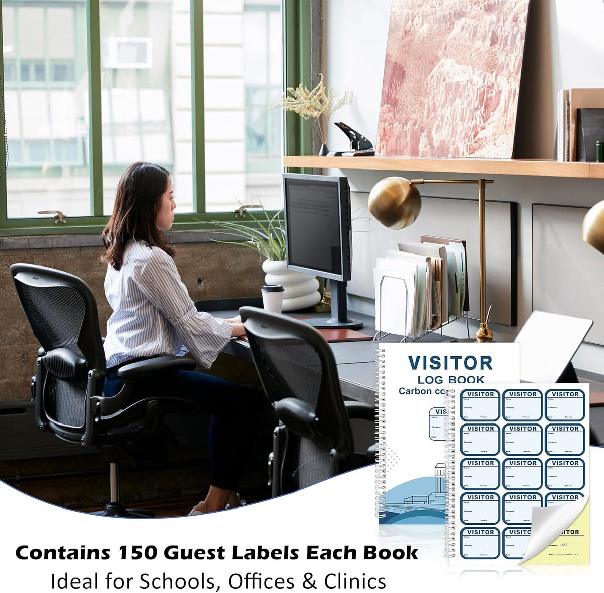 2 Pack of 450 Visitor Badges Registry Log with Carbon Copy Visitor Stickers 8.5x11 Inch Visitor Log Book Extras Protecting Privacy Pages Spiral Bound Self Visitor Badges Guest Register Book (2)