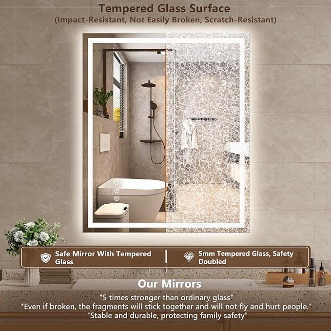 40x36 Inch LED Lighted Bathroom Mirror - Anti-Fog Vanity Mirror with Dimmable Front & Backlit, 3 Color Temp, Smart Memory - Shatterproof HD Glass, IP54 Waterproof Wall Mounted for Makeup Shaving