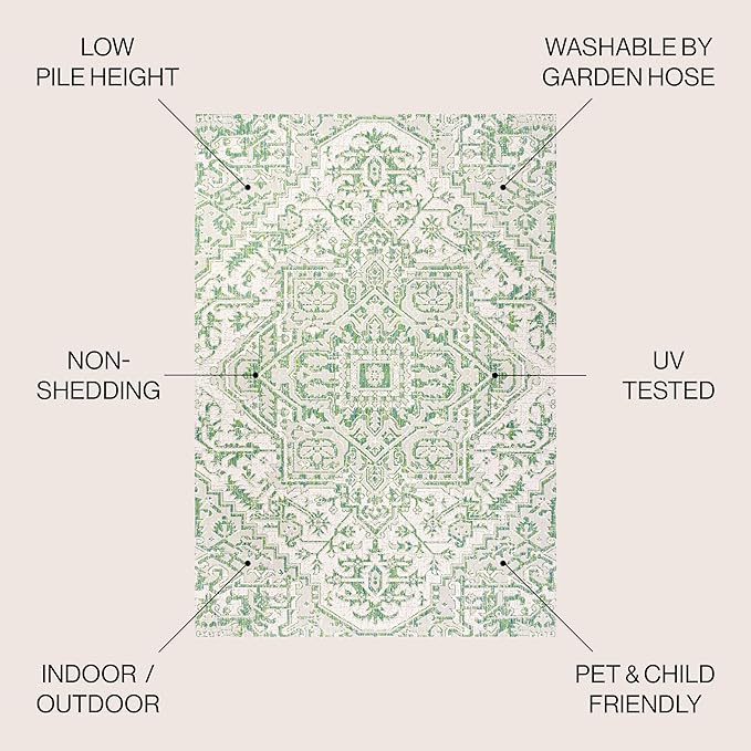 JONATHAN Y SMB105G-9 Estrella Bohemian Medallion Textured Weave Indoor Outdoor Area-Rug, Coastal Traditional Easy-Cleaning,Bedroom,Kitchen,Backyard,Patio,Non Shedding, 9 X 12, Green/Cream