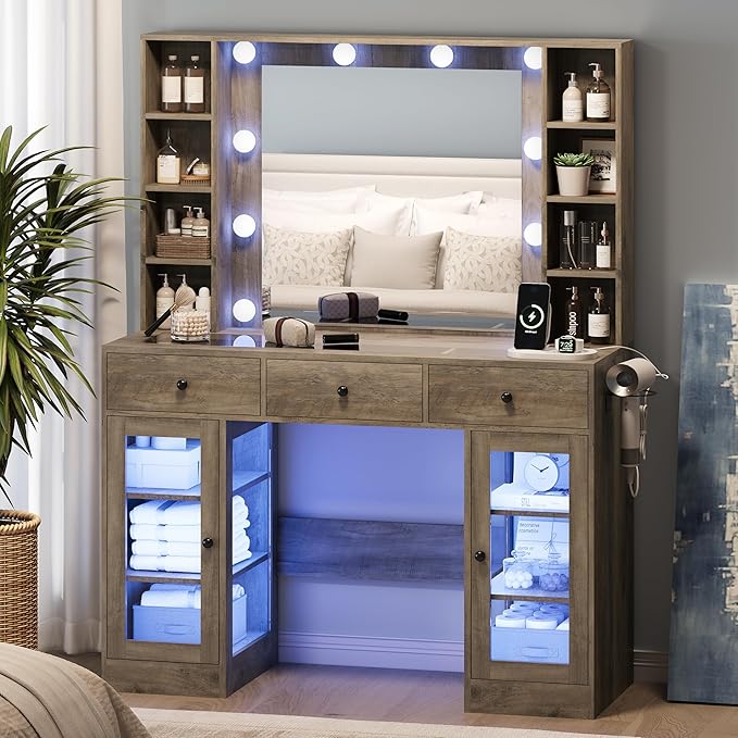 Makeup Vanity Desk with Mirror and Lights, Glass Top Vanity Table Set with Drawers & Power Outlet, Large Dressing Table with 3 Color Lighting Modes & RGB Cabinets for Women Girls Kids Bedroom, Grey