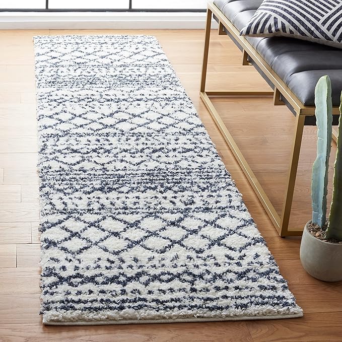 SAFAVIEH Arizona Shag Collection Runner Rug - 2'3" x 6' Runner, Ivory & Slate, Moroccan Design, Non-Shedding, 1.6-inch Thick, Ideal for High Traffic Areas in Living Room, Bedroom (ASG741M-26)