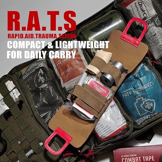 EVERLIT Rapid Aid Trauma Sleeve(Rats) EDC Trauma Kit, CAT GEN-7 Tourniquet QuikClot Gauze CE, Military Tactical IFAK for Bleeding Control (Coyote Brown)