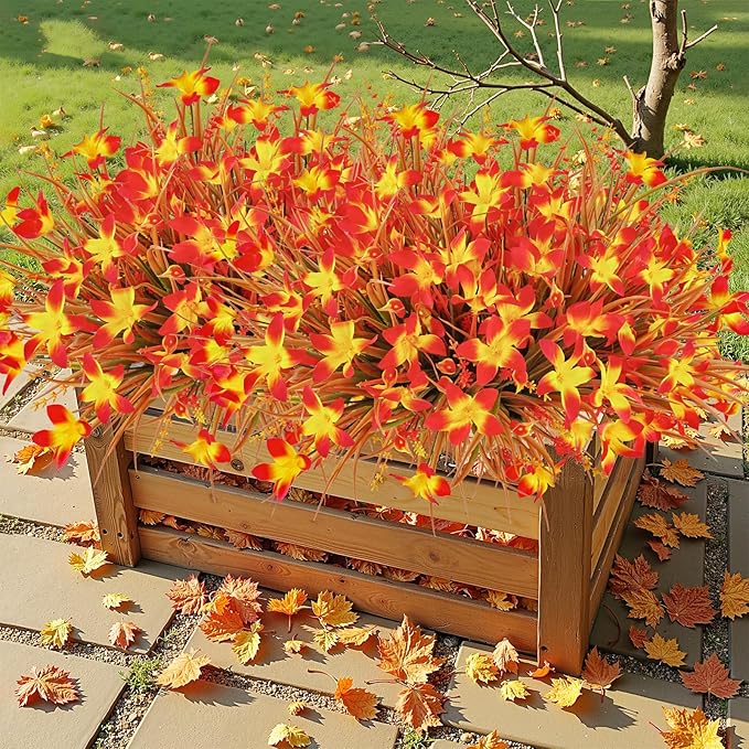 Uieke 72PCS Artificial Mums for Outdoors Fake Fall Outdoor Lavender Flowers Orange Calla Lilly and Autumn Daisy Mums Flowers No Fade for Outside Window Box Porch Planters Garden Thanksgiving Decor