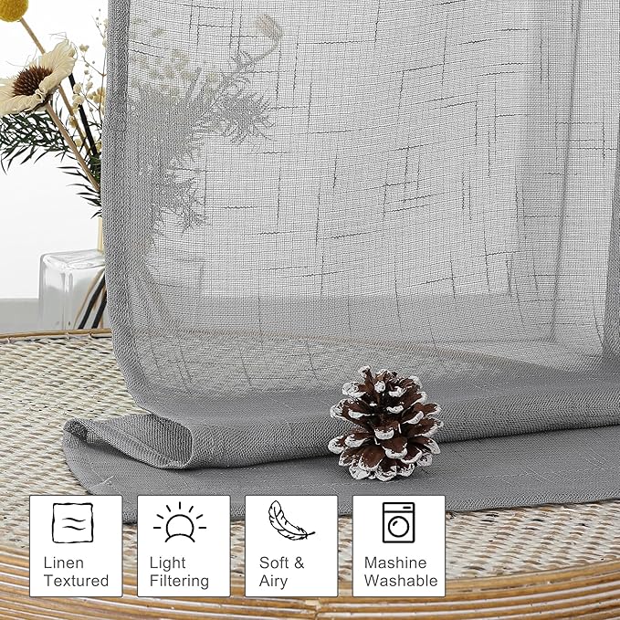 Aiyufeng Kirei Grey Sheer Kitchen Curtains 36 inch Length for Small Window, Faux Linen Textured Light Filtering Privacy Short Cafe Curtains for Living Room/Bedroom, 30Wx36L inch, Set of 2, Gray