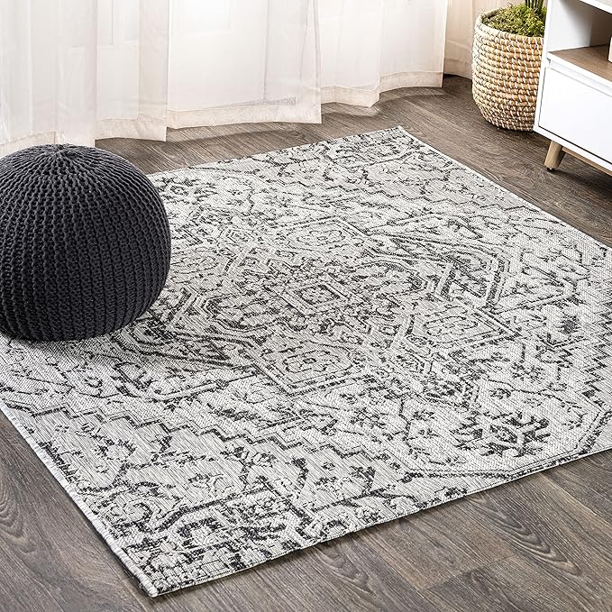 JONATHAN Y SMB105D-6SQ Estrella Bohemian Medallion Textured Weave Black/Gray 6' Square Indoor/Outdoor Area Rug, Pet Friendly, Non-Shedding, Stain Resistant, Easy-Cleaning for Backyard, Patio, Porch