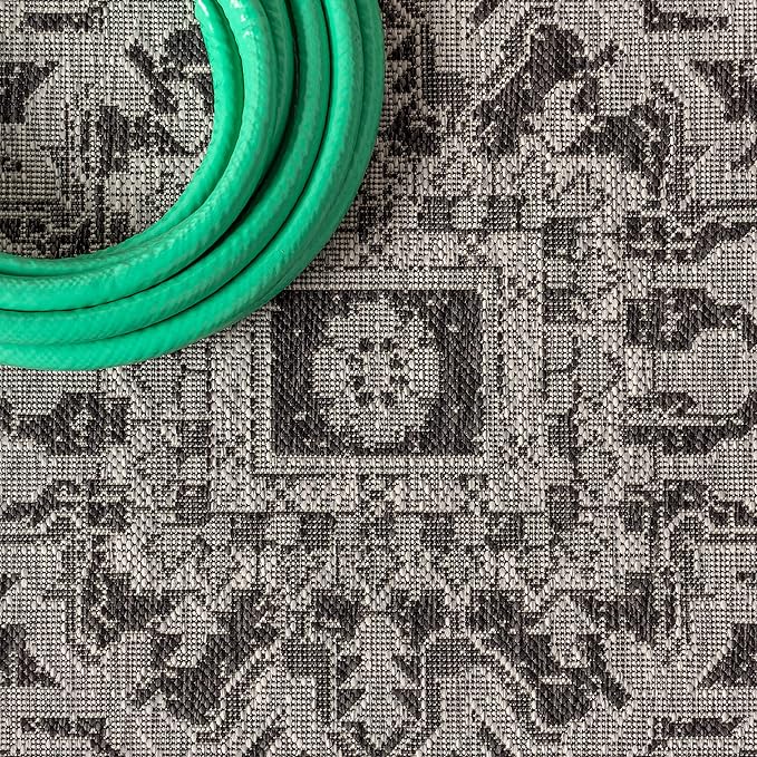 JONATHAN Y SMB105D-5SQ Estrella Bohemian Medallion Textured Weave Indoor Outdoor Area Rug Coastal Bohemian Rustic Glam Easy Cleaning Bedroom Kitchen Backyard Patio Non Shedding, 5' Square, Black/Gray