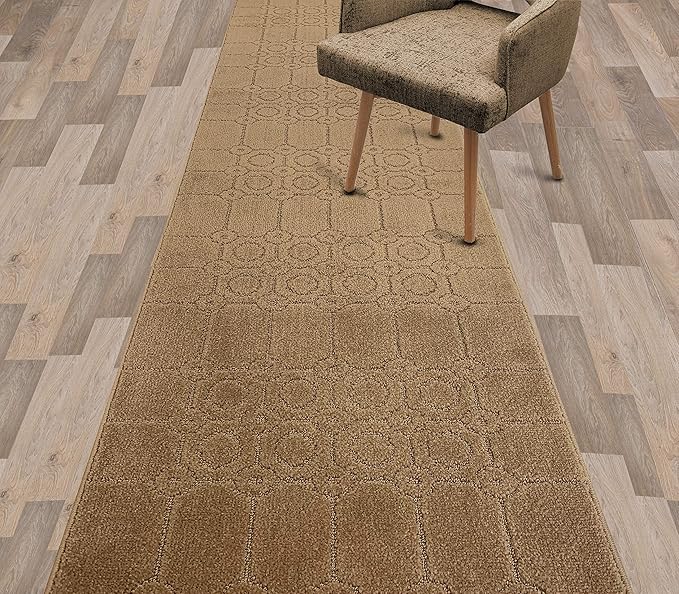 Custom Size Modern Abstract Floor Carpet Runner Rug for Hallways, Slip Resistant Latex Rubber Backed, 31 inch Wide X Customized Length, Art Gold Tan, 31 inch X 14 feet