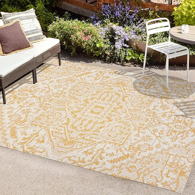 JONATHAN Y SMB105H-3 Estrella Bohemian Medallion Textured Weave Indoor Outdoor Area-Rug, Coastal Traditional Easy-Cleaning,Bedroom,Kitchen,Backyard,Patio,Non Shedding, 3 X 5, Cream/Yellow