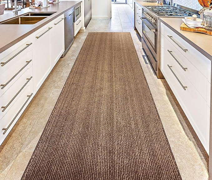 Custom Length Cut to Size Wide Width Carpet Runner Rug for Hallways, Slip Resistant Latex Rubber Backed, 31 inch Wide X Customized Length, Stripe Brown, 31 inch X 10 feet