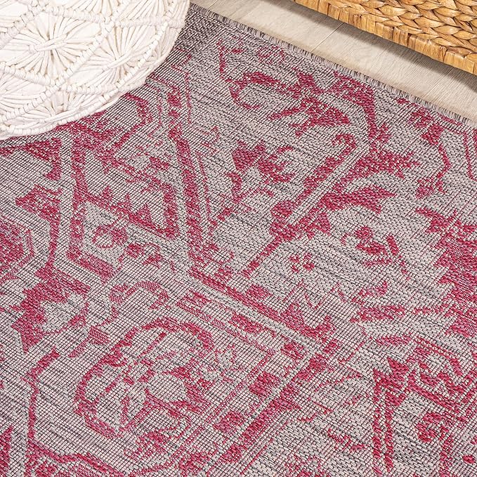 JONATHAN Y SMB105F-5R Estrella Bohemian Medallion Textured Weave Indoor Outdoor Area Rug, Coastal, Vintage, Rustic Easy Clean,Bedroom,Kitchen,Backyard,Patio, Non-Shed, Light Gray/Fuchsia, 5' Round