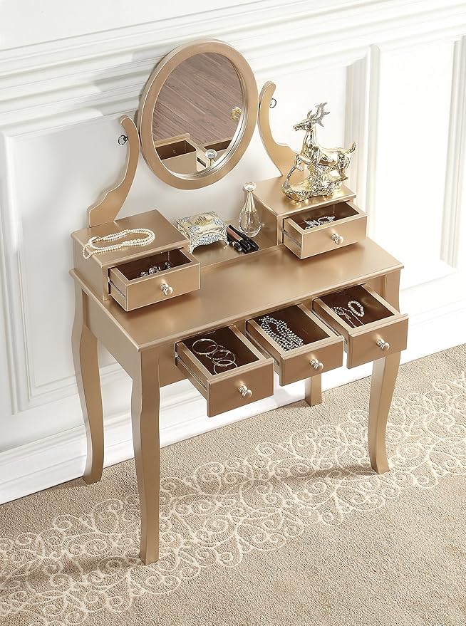 Roundhill Furniture Ashley Wood Makeup Vanity Table and Stool Set, Gold