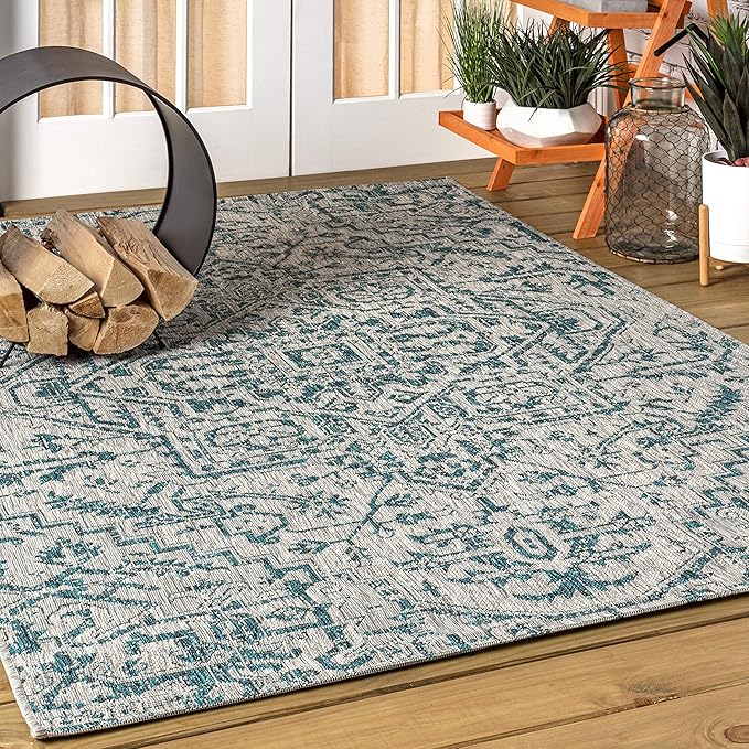 JONATHAN Y SMB105C-6 Estrella Bohemian Medallion Textured Weave Teal/Gray 6 ft. x 9 ft. Indoor/Outdoor Area Rug, Pet Friendly, Non-Shedding, Stain Resistant, Easy-Cleaning for Backyard, Patio, Porch