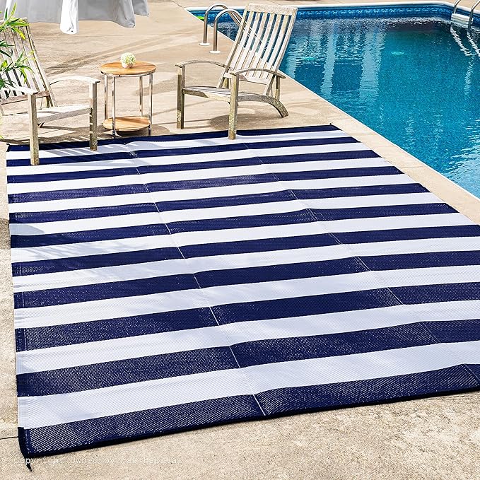 FH Home Outdoor Rug - Waterproof, Fade Resistant, Reversible - Premium Recycled Plastic - Striped - Large Patio, Deck, Sunroom, Camping, RV - Brittany Stripe - Blue & White Crease Free - 5 x 8 ft