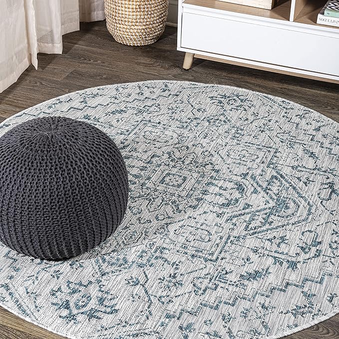 JONATHAN Y SMB105C-9R Estrella Bohemian Medallion Textured Weave Teal/Gray 9' Round Indoor/Outdoor Area Rug, Pet Friendly, Non-Shedding, Stain Resistant, Easy-Cleaning for Backyard, Patio, Porch