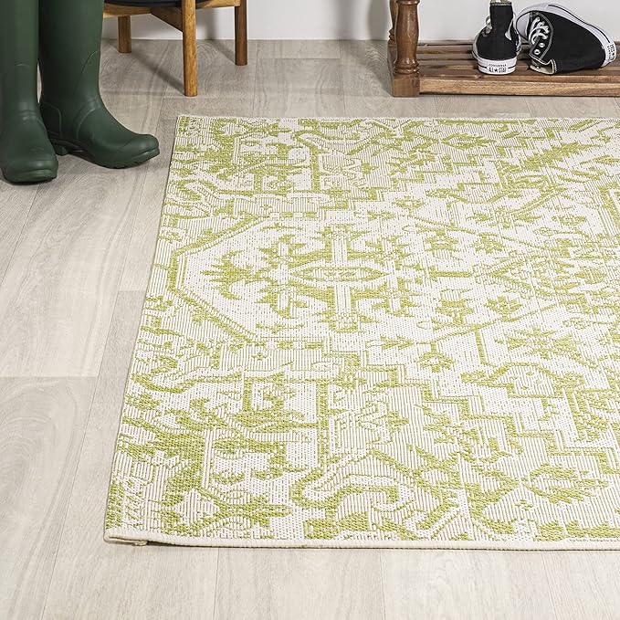 JONATHAN Y SMB105E-9 Estrella Bohemian Medallion Textured Weave Indoor Outdoor Area Rug, Coastal,Traditional,Transitional Easy Clean,Bedroom,Kitchen,Backyard,Patio, Non-Shed, Cream/Green, 9 X 12