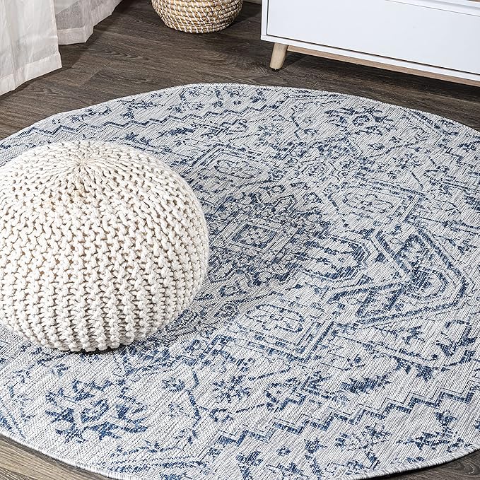 JONATHAN Y SMB105B-6R Estrella Bohemian Medallion Textured Weave Indoor/Outdoor Area Rug, Coastal, Traditional, Vintage for Bedroom, Kitchen, Living Room, Easy-Cleaning, Navy/Gray, 6' Round