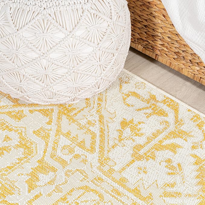 JONATHAN Y SMB105H-28 Estrella Bohemian Medallion Textured Weave Indoor Outdoor Runner Rug, Coastal Traditional Transitional Easy Cleaning,Bedroom,Kitchen,Backyard,Patio, Cream/Yellow, 2 X 8