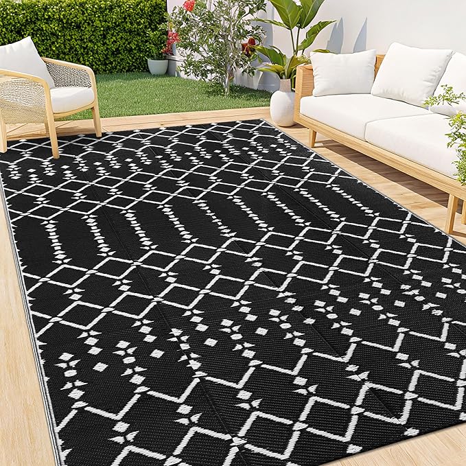Smiry Outdoor Rug 9x12 ft, Waterproof Reversible Plastic Straw Rugs, Boho Outdoor Area Rug, Outside Floor Mat for Patio, Backyard, Deck, Picnic, Beach, Camping, Black